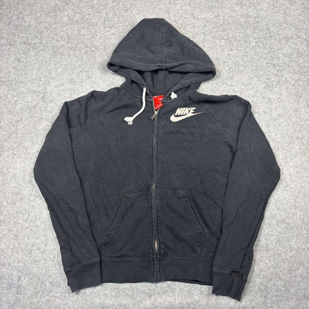 Nike Sportswear Full Zip Hoodie Mens Large Black Faded Logo Raglan Sweatshirt
